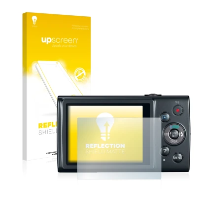 Parte frontale di una confezione del prodotto con il logo del marchio upscreen. Accanto è raffigurato il dispositivo Canon IXU