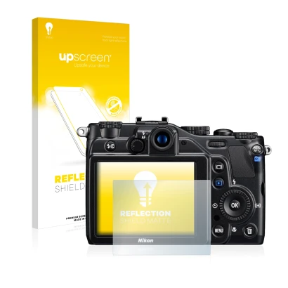 Parte frontale di una confezione del prodotto con il logo del marchio upscreen. Accanto è raffigurato il dispositivo Nikon Coo