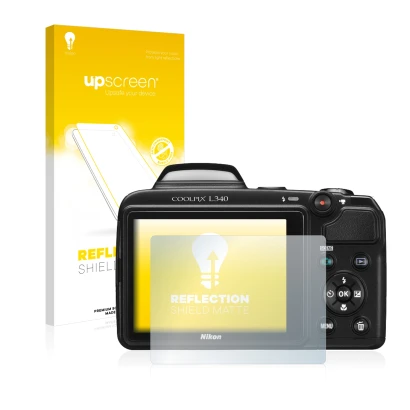 Parte frontale di una confezione del prodotto con il logo del marchio upscreen. Accanto è raffigurato il dispositivo Nikon Coo