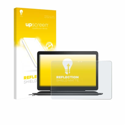 Parte frontale di una confezione del prodotto con il logo del marchio upscreen. Accanto è raffigurato il dispositivo Dell Lati