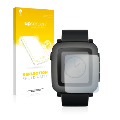 Parte frontale di una confezione del prodotto con il logo del marchio upscreen. Accanto è raffigurato il dispositivo Pebble Ti