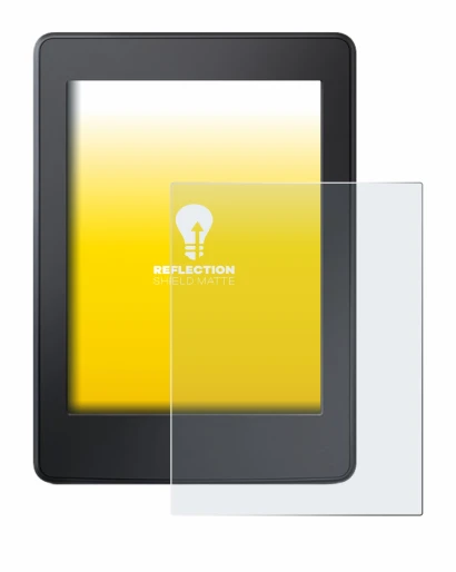 Immagine del dispositivo Amazon Kindle Paperwhite 2015 (7a Gen.) con un'ampia varietà di protezioni per lo schermo.
