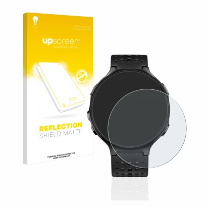 Parte frontale di una confezione del prodotto con il logo del marchio upscreen. Accanto è raffigurato il dispositivo Garmin Fo