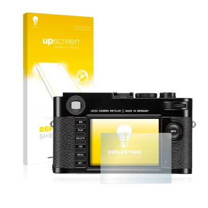 Parte frontale di una confezione del prodotto con il logo del marchio upscreen. Accanto è raffigurato il dispositivo Leica M (