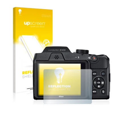 Parte frontale di una confezione del prodotto con il logo del marchio upscreen. Accanto è raffigurato il dispositivo Nikon Coo