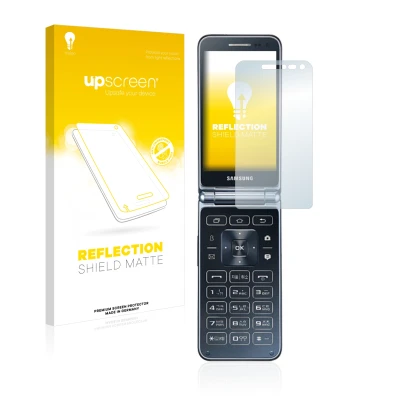 Parte frontale di una confezione del prodotto con il logo del marchio upscreen. Accanto è raffigurato il dispositivo Samsung G