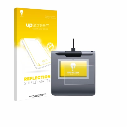 Parte frontale di una confezione del prodotto con il logo del marchio upscreen. Accanto è raffigurato il dispositivo Wacom STU