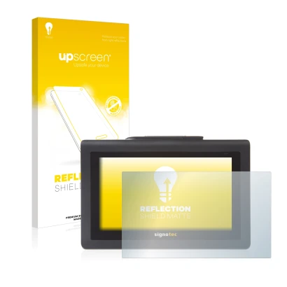 Parte frontale di una confezione del prodotto con il logo del marchio upscreen. Accanto è raffigurato il dispositivo Signotec 