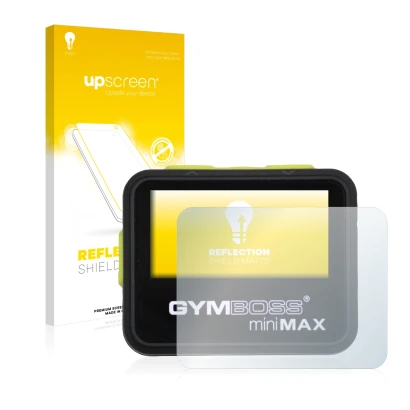 Parte frontale di una confezione del prodotto con il logo del marchio upscreen. Accanto è raffigurato il dispositivo Gymboss M