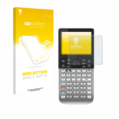 Parte frontale di una confezione del prodotto con il logo del marchio upscreen. Accanto è raffigurato il dispositivo HP Prime