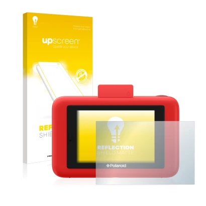 Parte frontale di una confezione del prodotto con il logo del marchio upscreen. Accanto è raffigurato il dispositivo Polaroid 