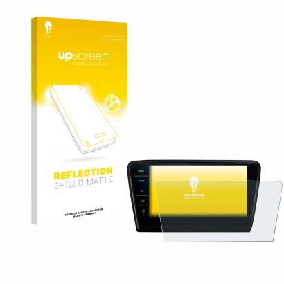 Parte frontale di una confezione del prodotto con il logo del marchio upscreen. Accanto è raffigurato il dispositivo Skoda Oct