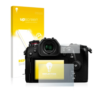 Parte frontale di una confezione del prodotto con il logo del marchio upscreen. Accanto è raffigurato il dispositivo Panasonic