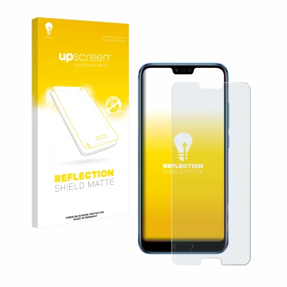 Parte frontale di una confezione del prodotto con il logo del marchio upscreen. Accanto è raffigurato il dispositivo Honor 10