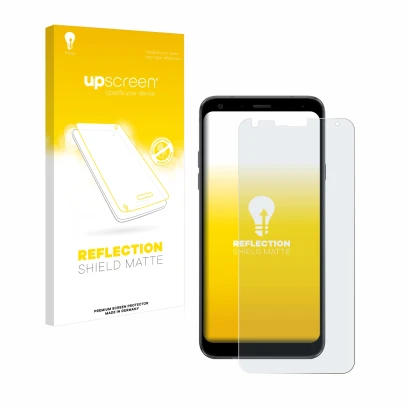 Parte frontale di una confezione del prodotto con il logo del marchio upscreen. Accanto è raffigurato il dispositivo LG Q7 con