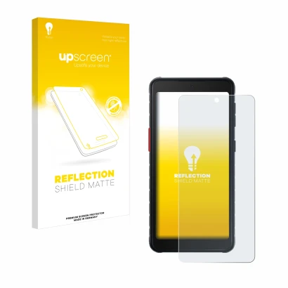 Parte frontale di una confezione del prodotto con il logo del marchio upscreen. Accanto è raffigurato il dispositivo Samsung G