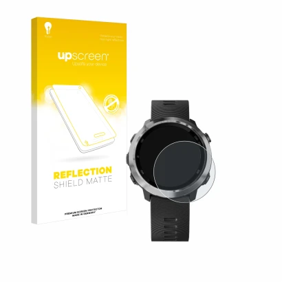 Parte frontale di una confezione del prodotto con il logo del marchio upscreen. Accanto è raffigurato il dispositivo Garmin Fo