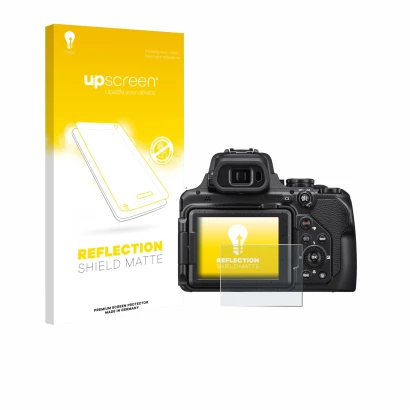 Parte frontale di una confezione del prodotto con il logo del marchio upscreen. Accanto è raffigurato il dispositivo Nikon Coo