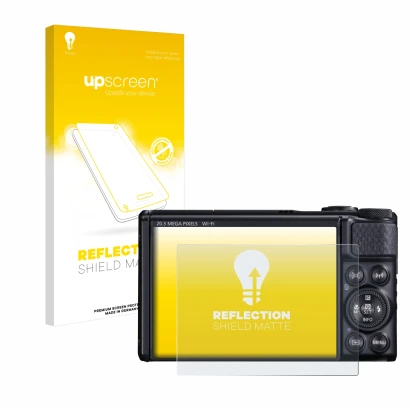 Parte frontale di una confezione del prodotto con il logo del marchio upscreen. Accanto è raffigurato il dispositivo Canon Pow