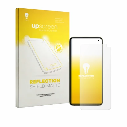 Parte frontale di una confezione del prodotto con il logo del marchio upscreen. Accanto è raffigurato il dispositivo Samsung G