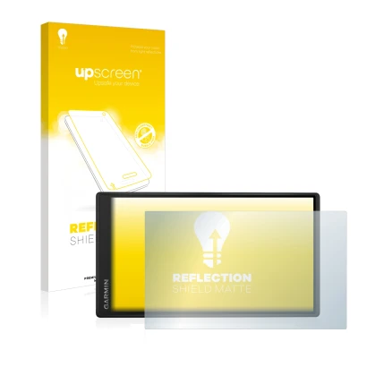 Parte frontale di una confezione del prodotto con il logo del marchio upscreen. Accanto è raffigurato il dispositivo Garmin Dr