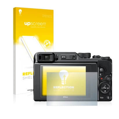Parte frontale di una confezione del prodotto con il logo del marchio upscreen. Accanto è raffigurato il dispositivo Nikon Coo