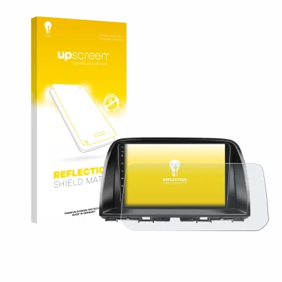 Parte frontale di una confezione del prodotto con il logo del marchio upscreen. Accanto è raffigurato il dispositivo Mazda CX-