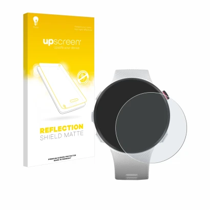 Parte frontale di una confezione del prodotto con il logo del marchio upscreen. Accanto è raffigurato il dispositivo Garmin Fo