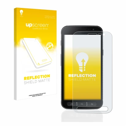 Parte frontale di una confezione del prodotto con il logo del marchio upscreen. Accanto è raffigurato il dispositivo Samsung G