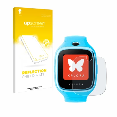 Parte frontale di una confezione del prodotto con il logo del marchio upscreen. Accanto è raffigurato il dispositivo Xplora Go