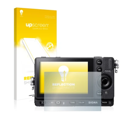 Parte frontale di una confezione del prodotto con il logo del marchio upscreen. Accanto è raffigurato il dispositivo Sigma FP 