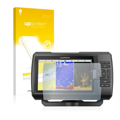 Parte frontale di una confezione del prodotto con il logo del marchio upscreen. Accanto è raffigurato il dispositivo Garmin St