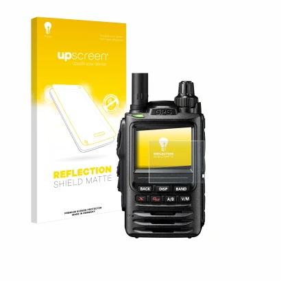 Parte frontale di una confezione del prodotto con il logo del marchio upscreen. Accanto è raffigurato il dispositivo Yaesu FT-