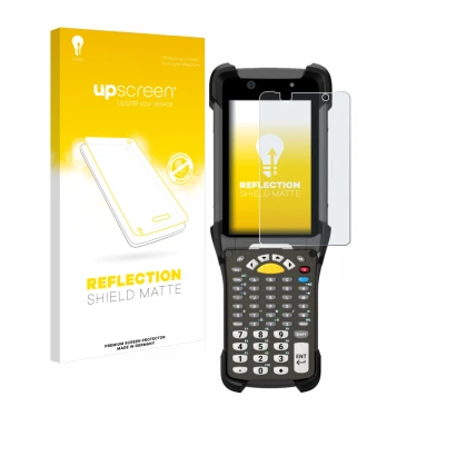 Parte frontale di una confezione del prodotto con il logo del marchio upscreen. Accanto è raffigurato il dispositivo Zebra MC9