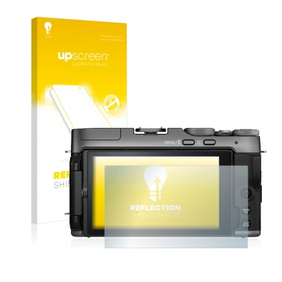 Parte frontale di una confezione del prodotto con il logo del marchio upscreen. Accanto è raffigurato il dispositivo Fujifilm