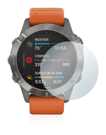 Immagine del dispositivo Garmin Fenix 6 con un'ampia varietà di protezioni per lo schermo.