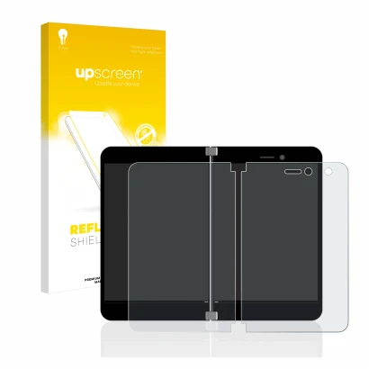Parte frontale di una confezione del prodotto con il logo del marchio upscreen. Accanto è raffigurato il dispositivo Microsoft