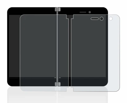 Immagine del dispositivo Microsoft Surface Duo con un'ampia varietà di protezioni per lo schermo.
