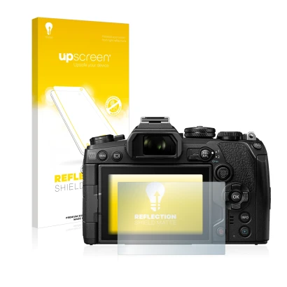 Parte frontale di una confezione del prodotto con il logo del marchio upscreen. Accanto è raffigurato il dispositivo Olympus O