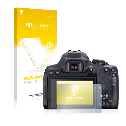 Parte frontale di una confezione del prodotto con il logo del marchio upscreen. Accanto è raffigurato il dispositivo Canon EOS