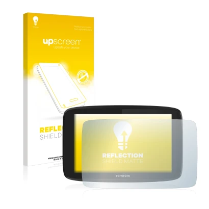 Parte frontale di una confezione del prodotto con il logo del marchio upscreen. Accanto è raffigurato il dispositivo TomTom Go