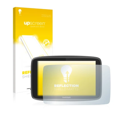 Parte frontale di una confezione del prodotto con il logo del marchio upscreen. Accanto è raffigurato il dispositivo TomTom Go