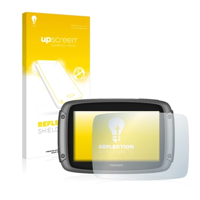 Parte frontale di una confezione del prodotto con il logo del marchio upscreen. Accanto è raffigurato il dispositivo TomTom Ri