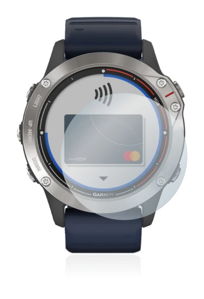 Immagine del dispositivo Garmin quatix 6 con un'ampia varietà di protezioni per lo schermo.