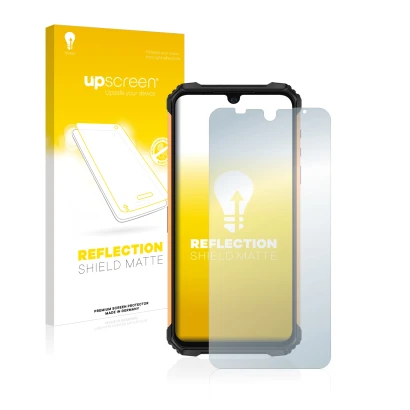 Parte frontale di una confezione del prodotto con il logo del marchio upscreen. Accanto è raffigurato il dispositivo Ulefone A