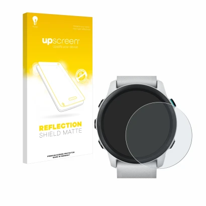 Parte frontale di una confezione del prodotto con il logo del marchio upscreen. Accanto è raffigurato il dispositivo Garmin Fo