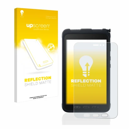 Parte frontale di una confezione del prodotto con il logo del marchio upscreen. Accanto è raffigurato il dispositivo Samsung G