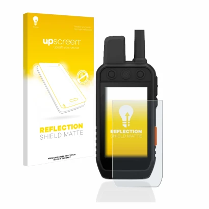 Parte frontale di una confezione del prodotto con il logo del marchio upscreen. Accanto è raffigurato il dispositivo Garmin Al