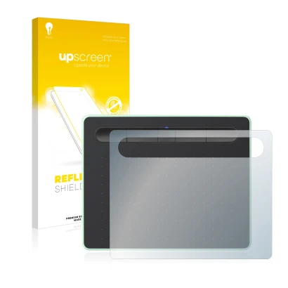 Parte frontale di una confezione del prodotto con il logo del marchio upscreen. Accanto è raffigurato il dispositivo Wacom Int