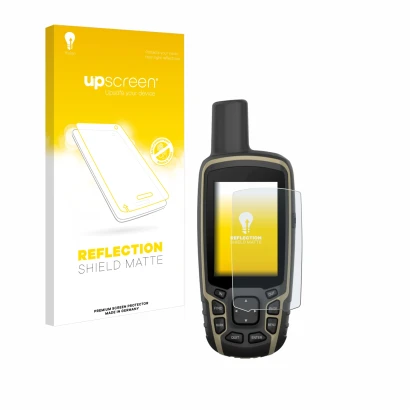 Parte frontale di una confezione del prodotto con il logo del marchio upscreen. Accanto è raffigurato il dispositivo Garmin GP